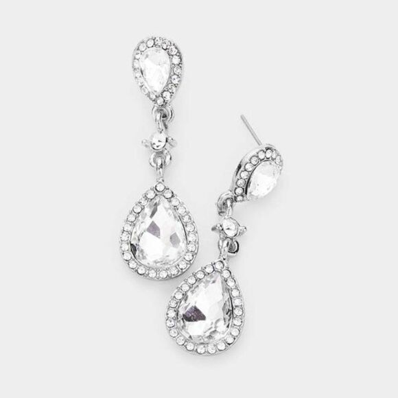 Miro Clear Pear Crystal Silver Evening Earrings - Picture 1 of 3